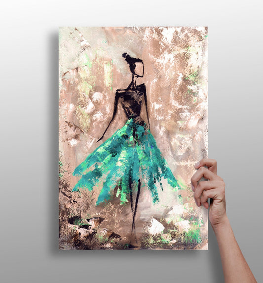 Lady in green dress aluminum metal wall art print in matte finish