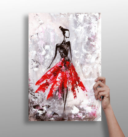 Lady in red dress aluminum metal wall art print in matte finish