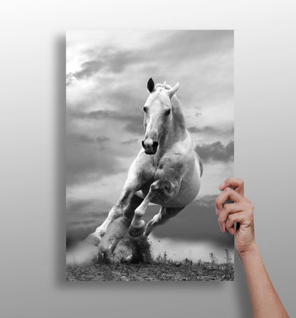 Running horse aluminum wall art on a matte metal panel in a modern interior