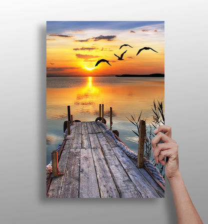 Sunset lake view aluminum metal wall art print in matte finish