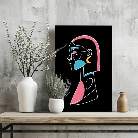 Pink Hair Crescent Earring Line Art Woman Aluminum Print