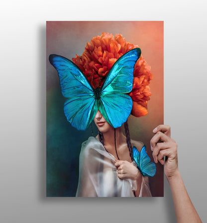 Butterfly woman metal wall print, artistic aluminum panel