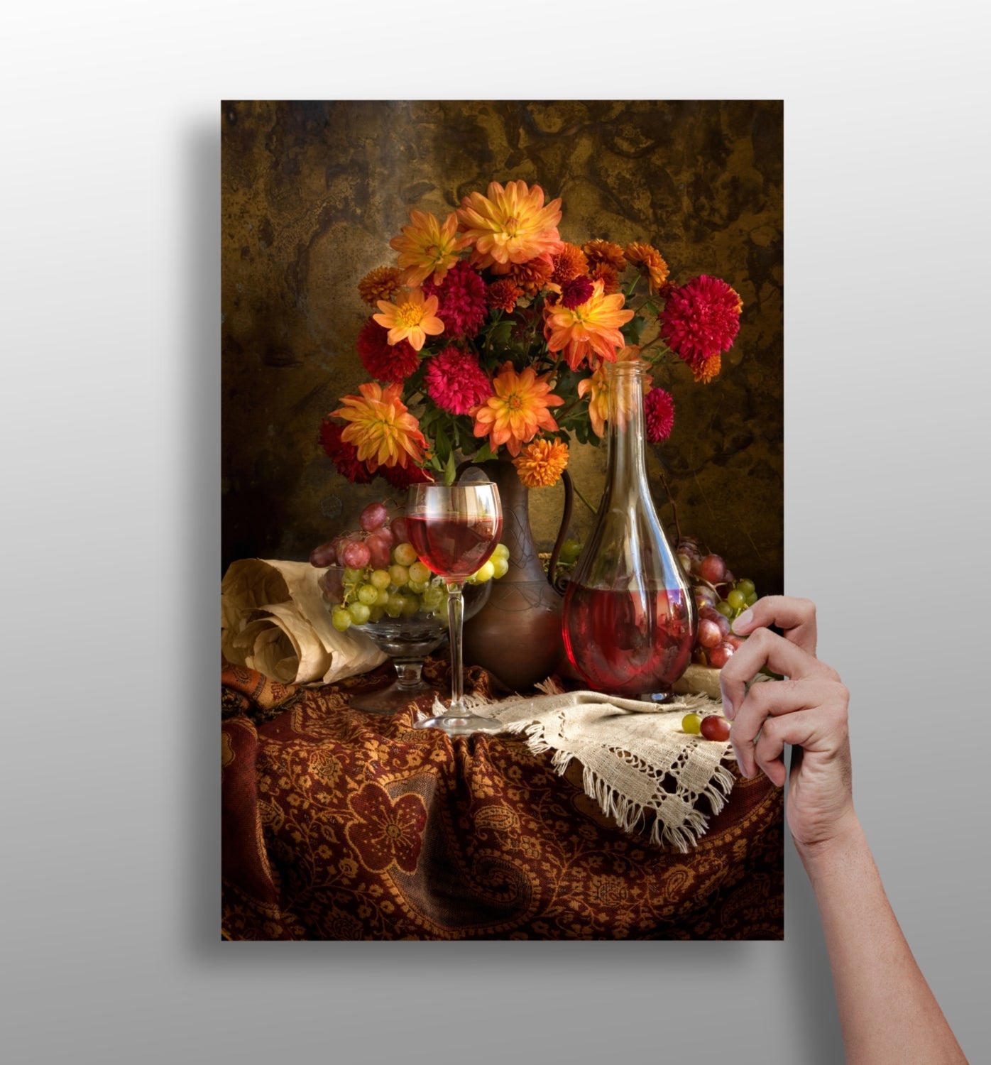 Wine and flowers metal wall print, aluminum panel
