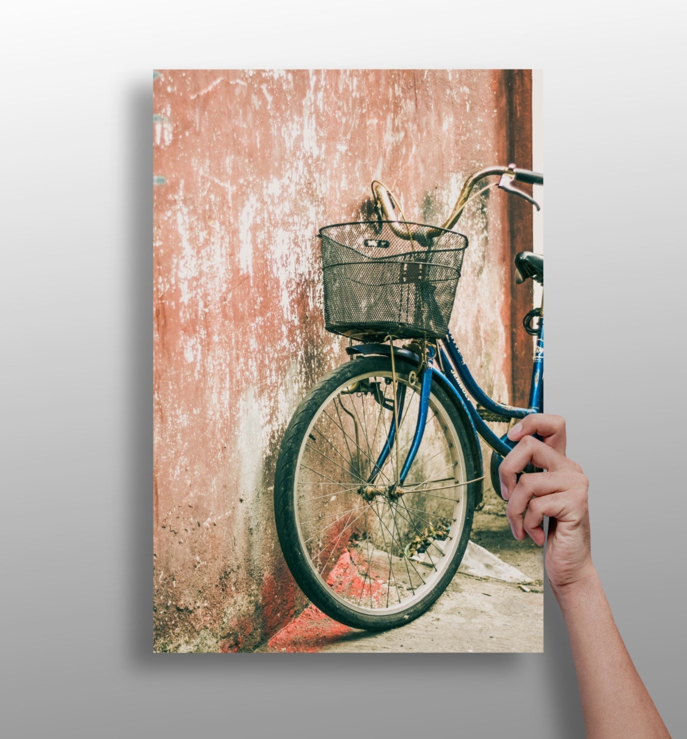 Bicycle aluminum print wall art with a matte metal finish in a modern style