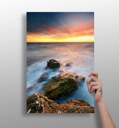Sunset lake view metal wall print, aluminum panel