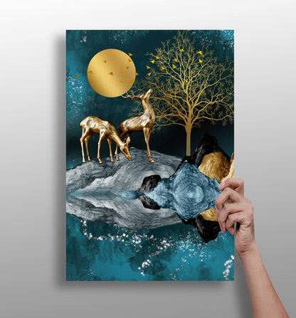 Deers at Night metal wall art panel with woodland nighttime scene