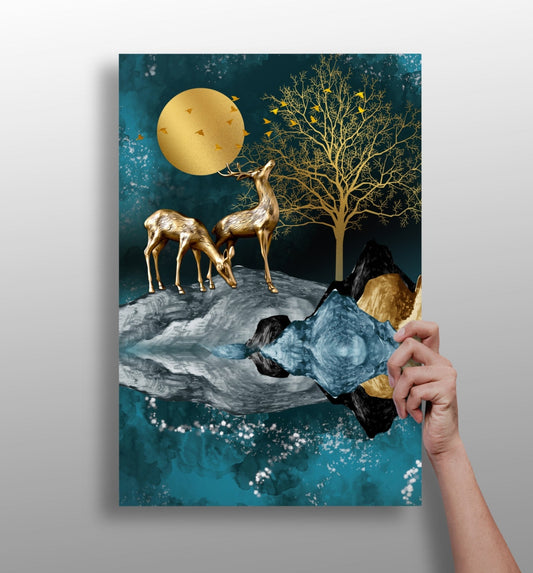 Deers at Night metal wall art panel with woodland nighttime scene