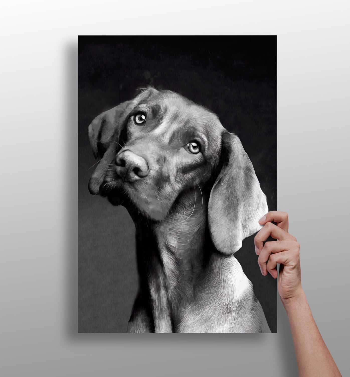 Cute dog aluminum print wall art, big-eyed dog on a matte aluminum panel