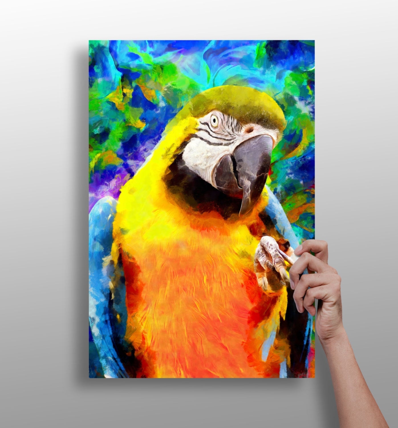 Parrot metal wall art panel with colorful tropical bird design