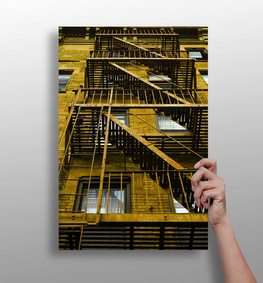 Stairs Yellow metal wall art panel with bold yellow staircase design