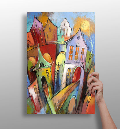 Cute City metal wall art print with playful urban design