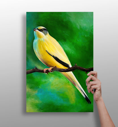 Yellow bird aluminum print wall art, vibrant bird on 4mm matte aluminum panel