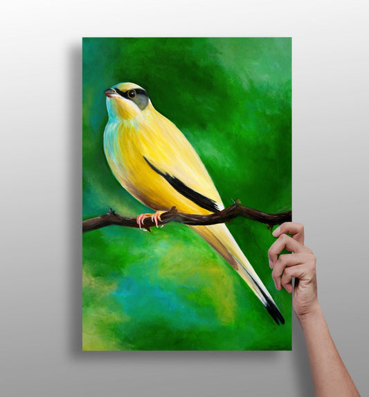 Yellow bird aluminum print wall art, vibrant bird on 4mm matte aluminum panel