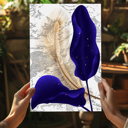 Navy Blue Leaves Metal Wall Art