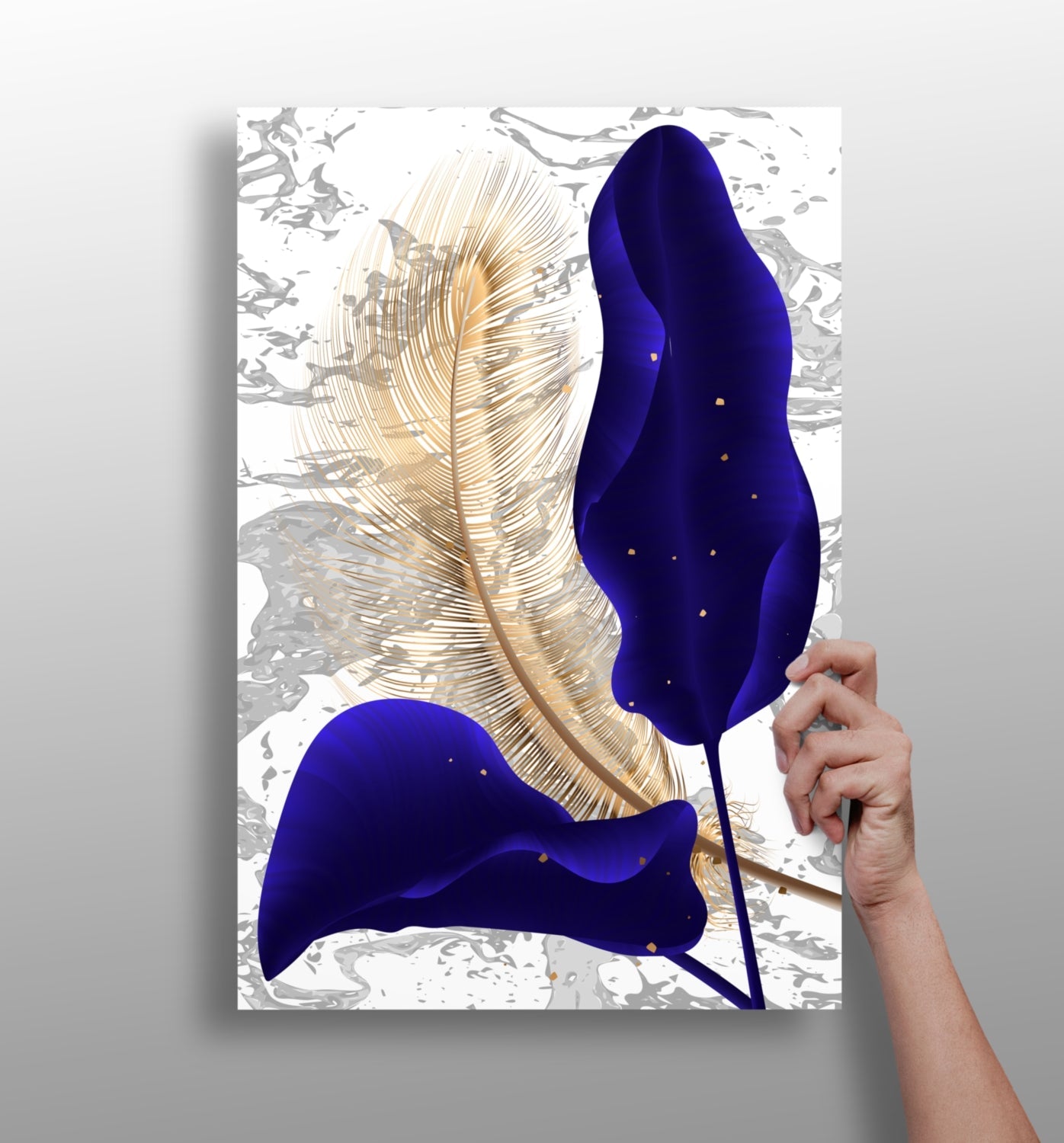 Navy Blue Leaves metal wall art print with botanical design