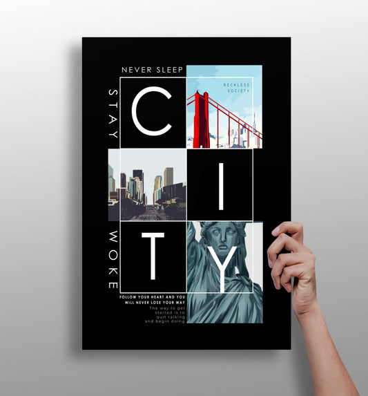 City metal wall art print with urban design