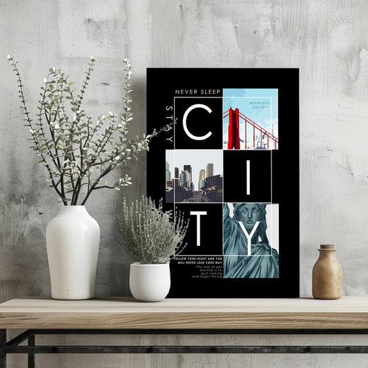 Black Photo Collage City Typography Aluminum Print