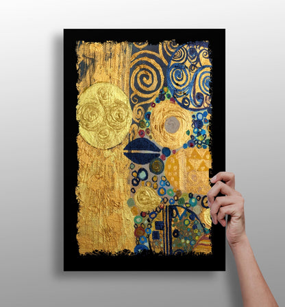 Gold leaf abstract aluminum wall art with navy accents