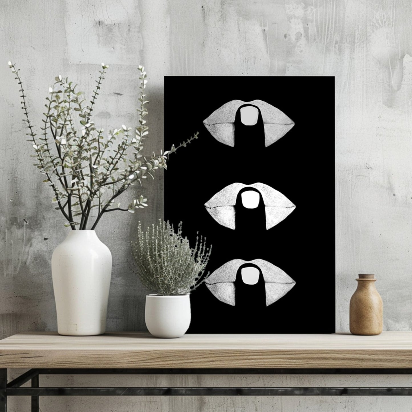 Hush Lips Black And White Metal Wall Art