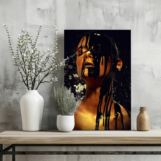 Black Paint Dripping Gold Aluminum Print
