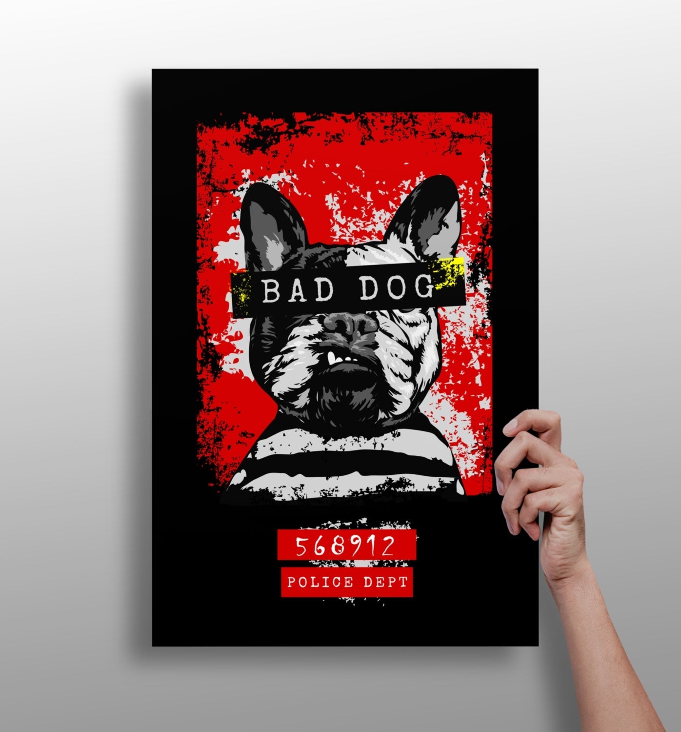 Bad dog aluminum print wall art, cheeky dog design on a matte aluminum panel