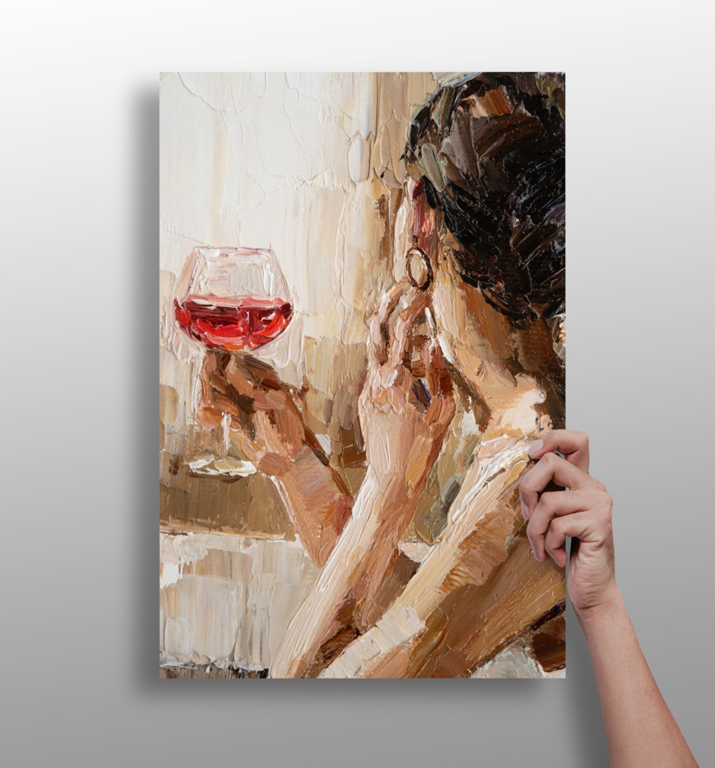 Woman Holding Wine metal wall art print in vivid color