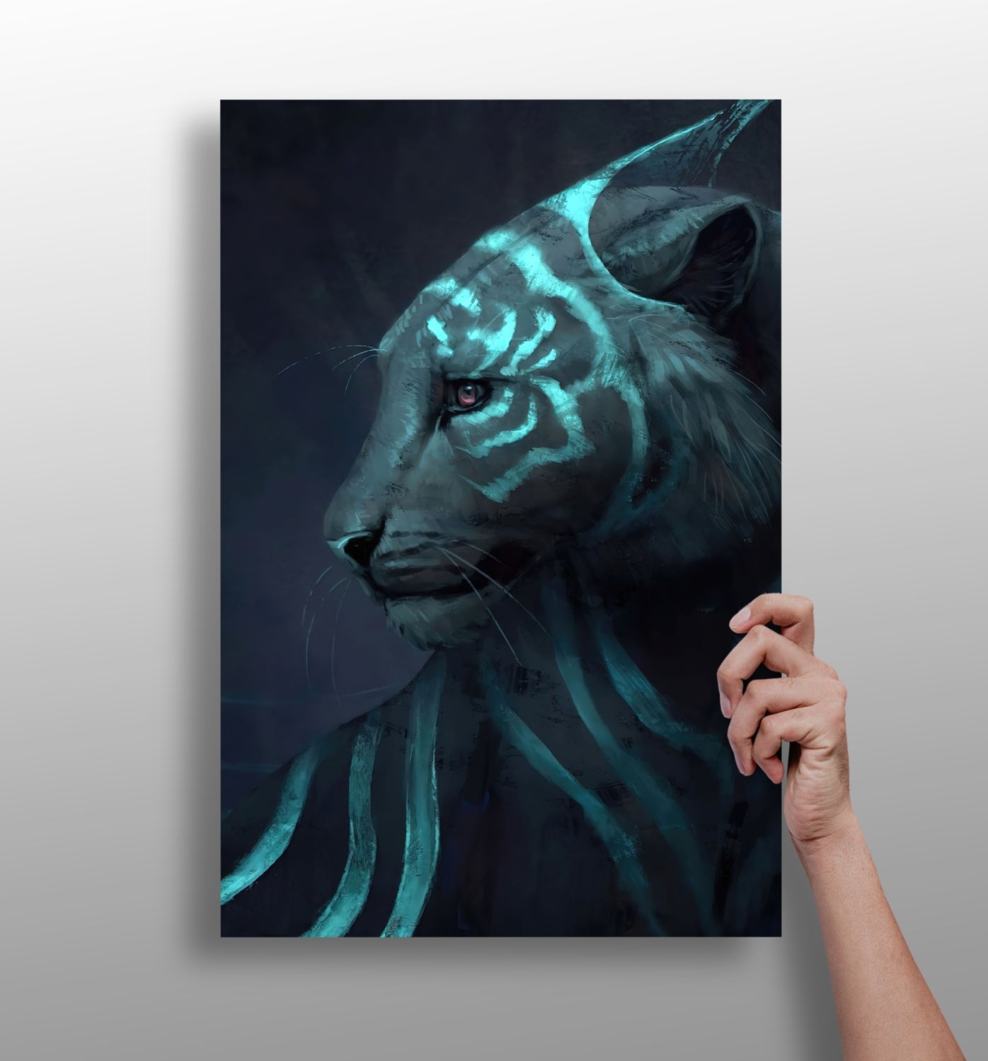 Futuristic Tiger metal wall art print with vivid color detail