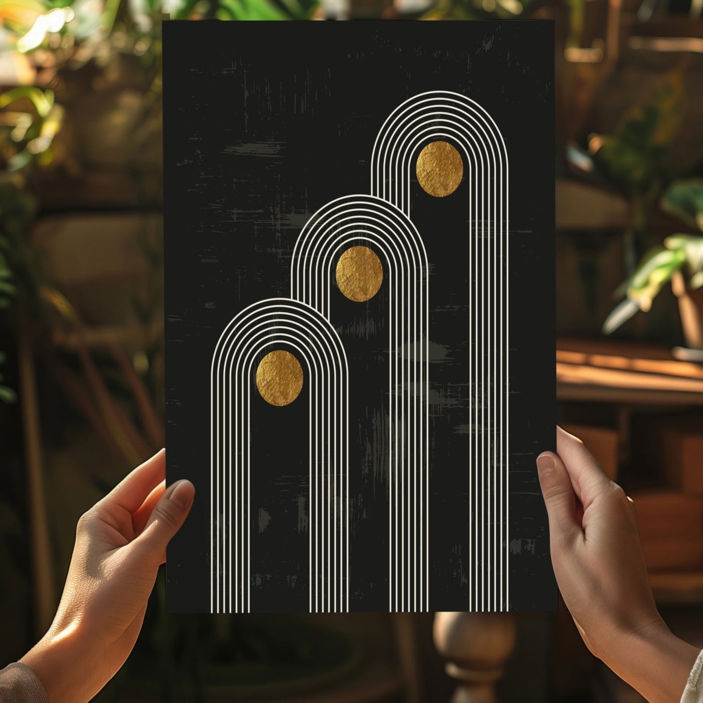 Triple Arch Gold Moons Noir Metal Wall Art