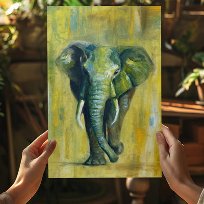 Green And Yellow Oil Painted Walking Elephant Aluminum Print
