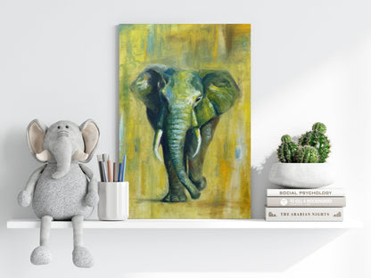 Green And Yellow Oil Painted Walking Elephant Aluminum Print