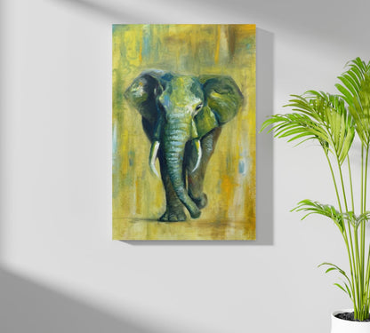 Green And Yellow Oil Painted Walking Elephant Aluminum Print