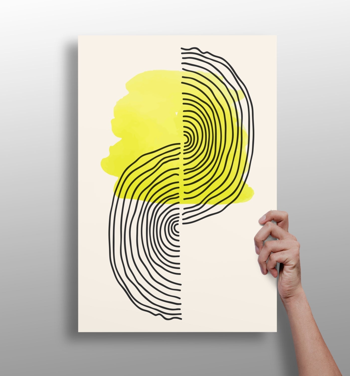 Yellow line art abstract aluminum wall art