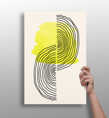 Yellow line art abstract aluminum wall art
