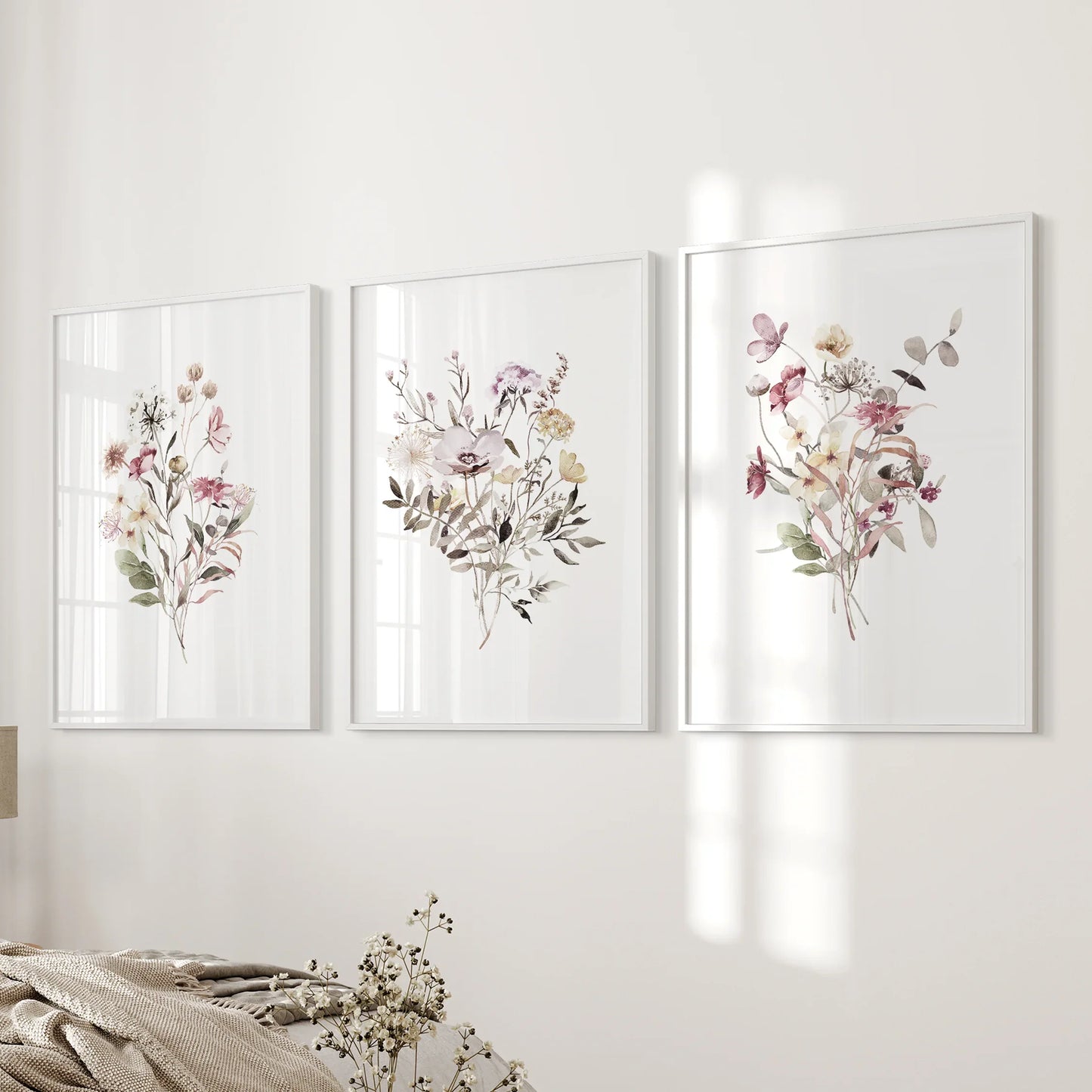 Wildflower Wall Art Set of 3 Watercolor Bouquet Prints