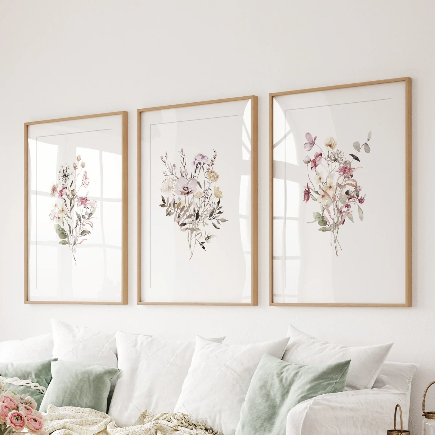 Wildflower Wall Art Set of 3 Watercolor Bouquet Prints