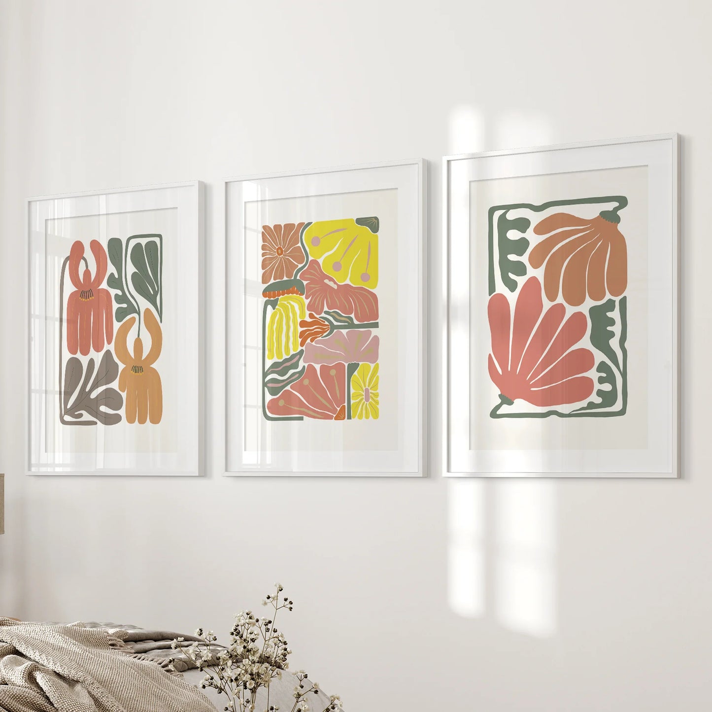 Boho Botanical Wall Art Set of 3 Abstract Flower Prints