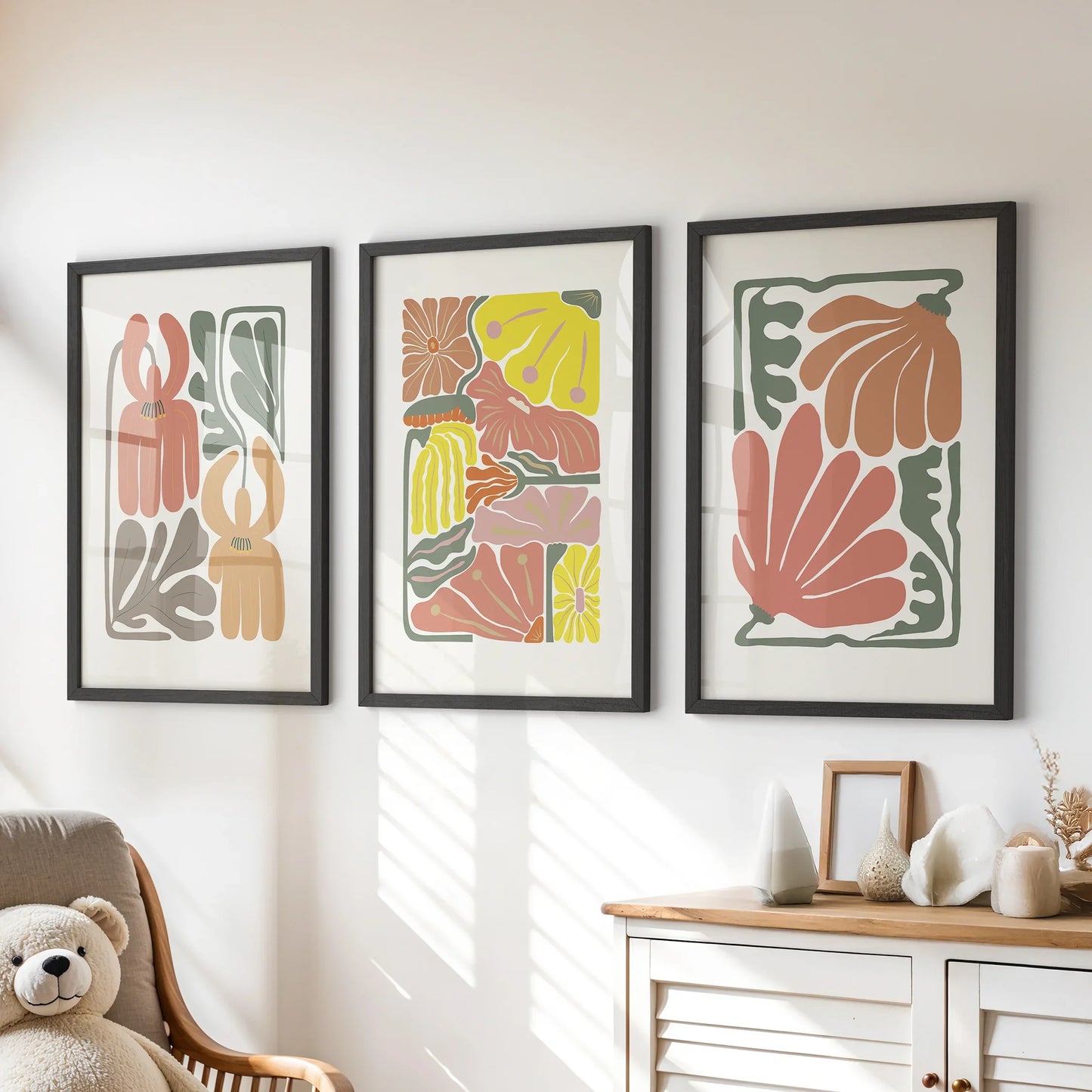 Boho Botanical Wall Art Set of 3 Abstract Flower Prints