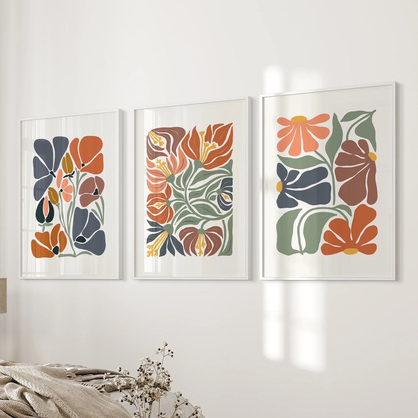 Boho Botanical Wall Art Set of 3 Abstract Flowers