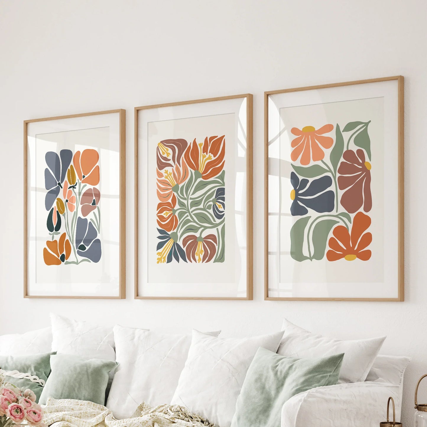 Boho Botanical Wall Art Set of 3 Abstract Flowers