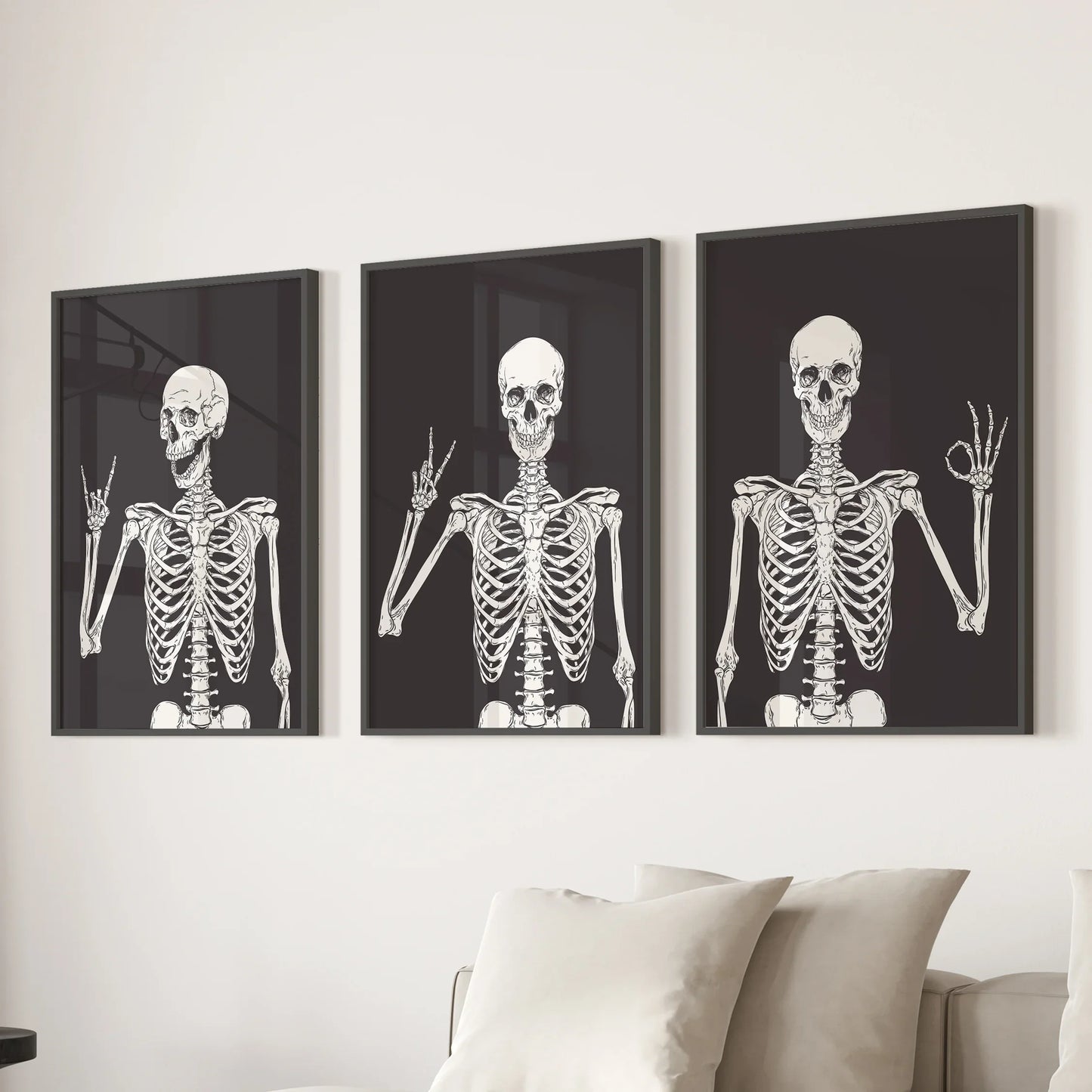 Black gothic skeleton wall art set of 3 prints