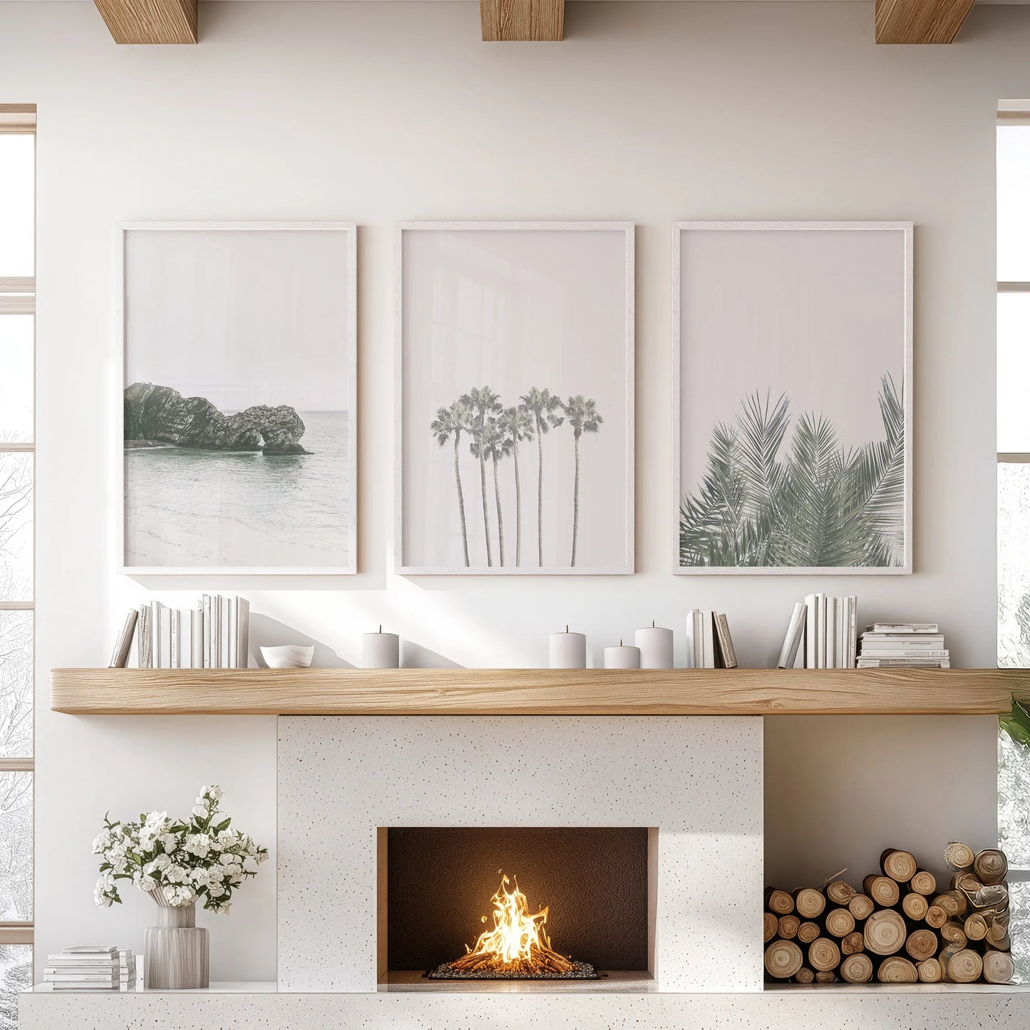 Modern Coastal Wall Art Set of 3 Ocean and Palm Prints