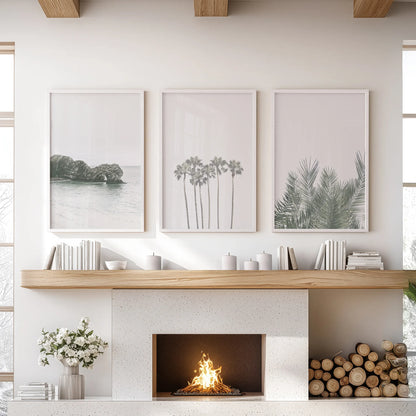 Modern Coastal Wall Art Set of 3 Ocean and Palm Prints