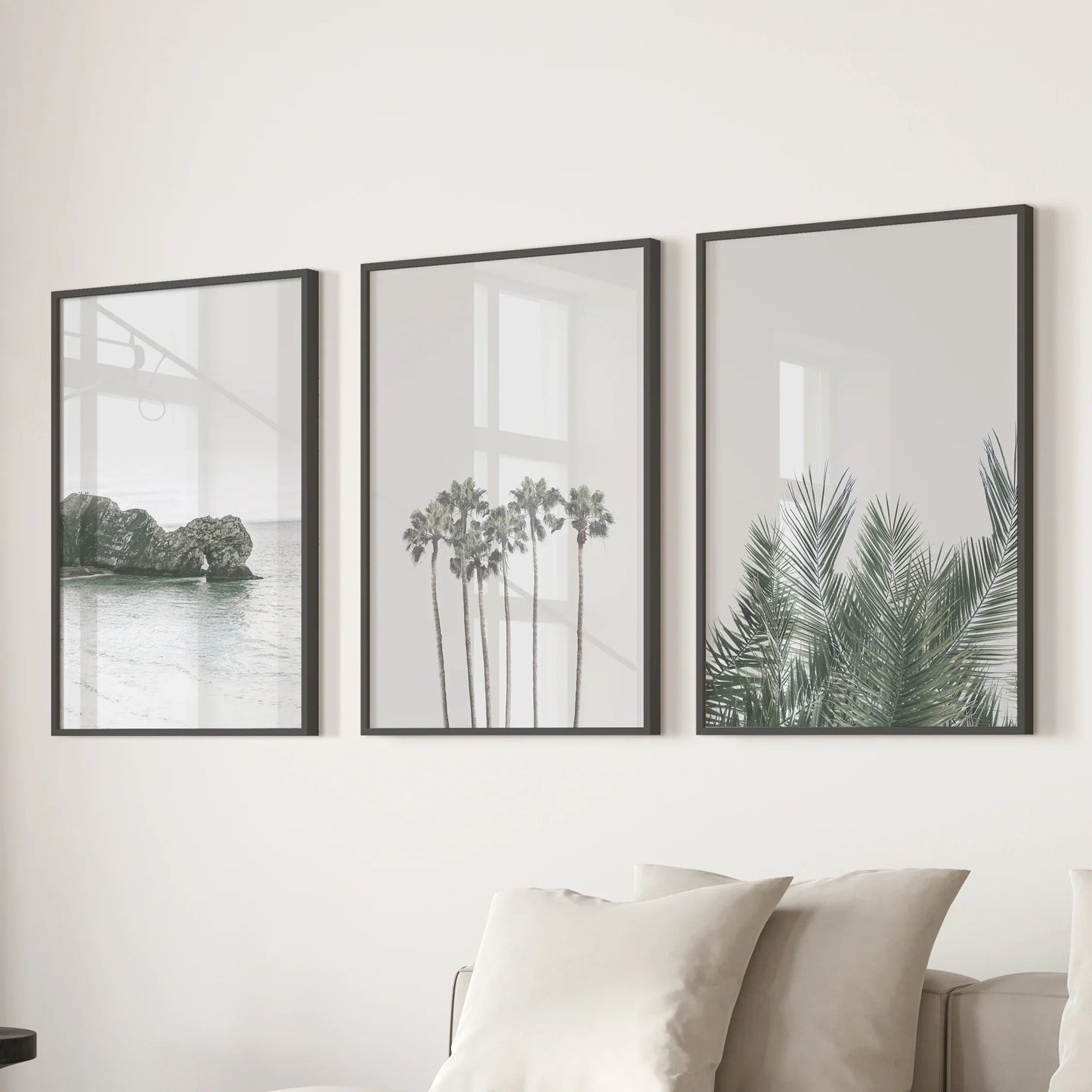 Modern Coastal Wall Art Set of 3 Ocean and Palm Prints