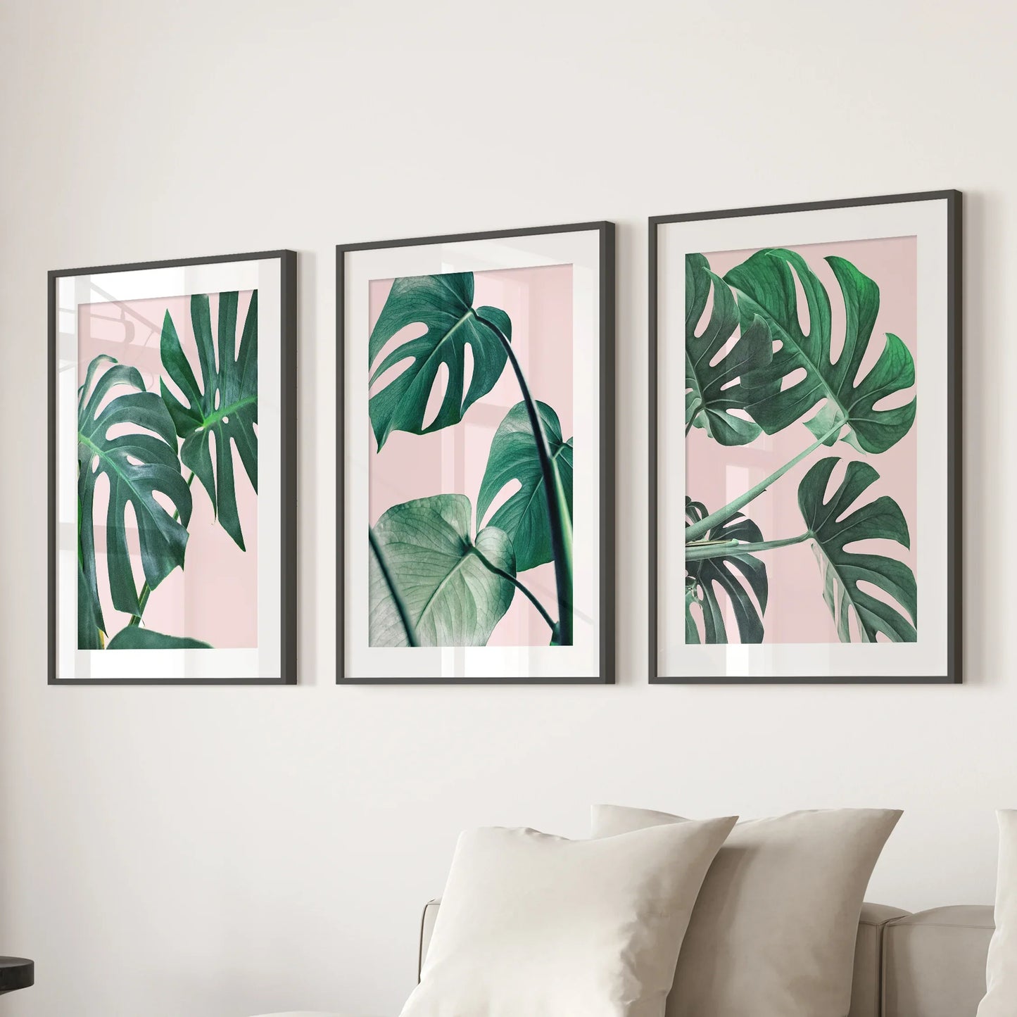 Pink Botanical Wall Art Set of 3 Green Monstera Prints
