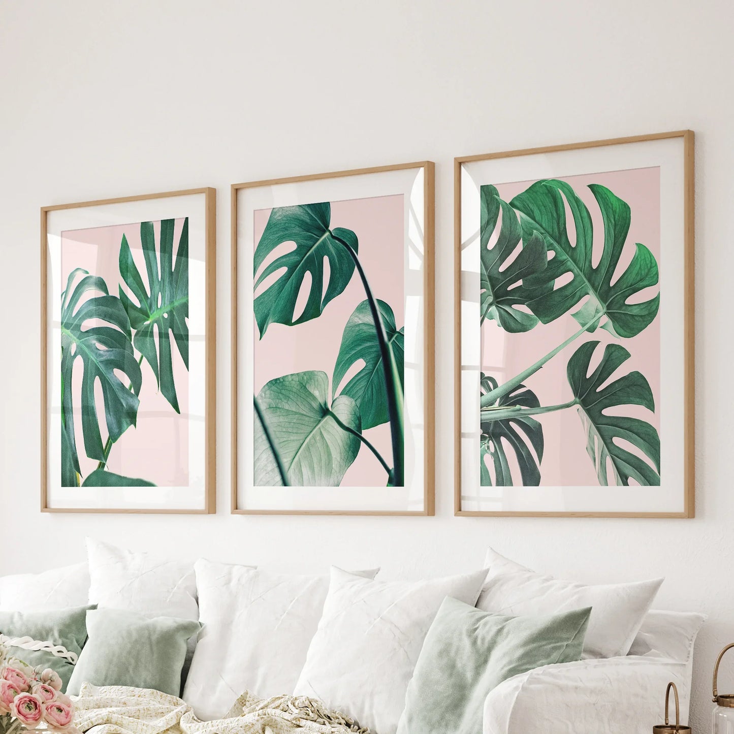 Pink Botanical Wall Art Set of 3 Green Monstera Prints