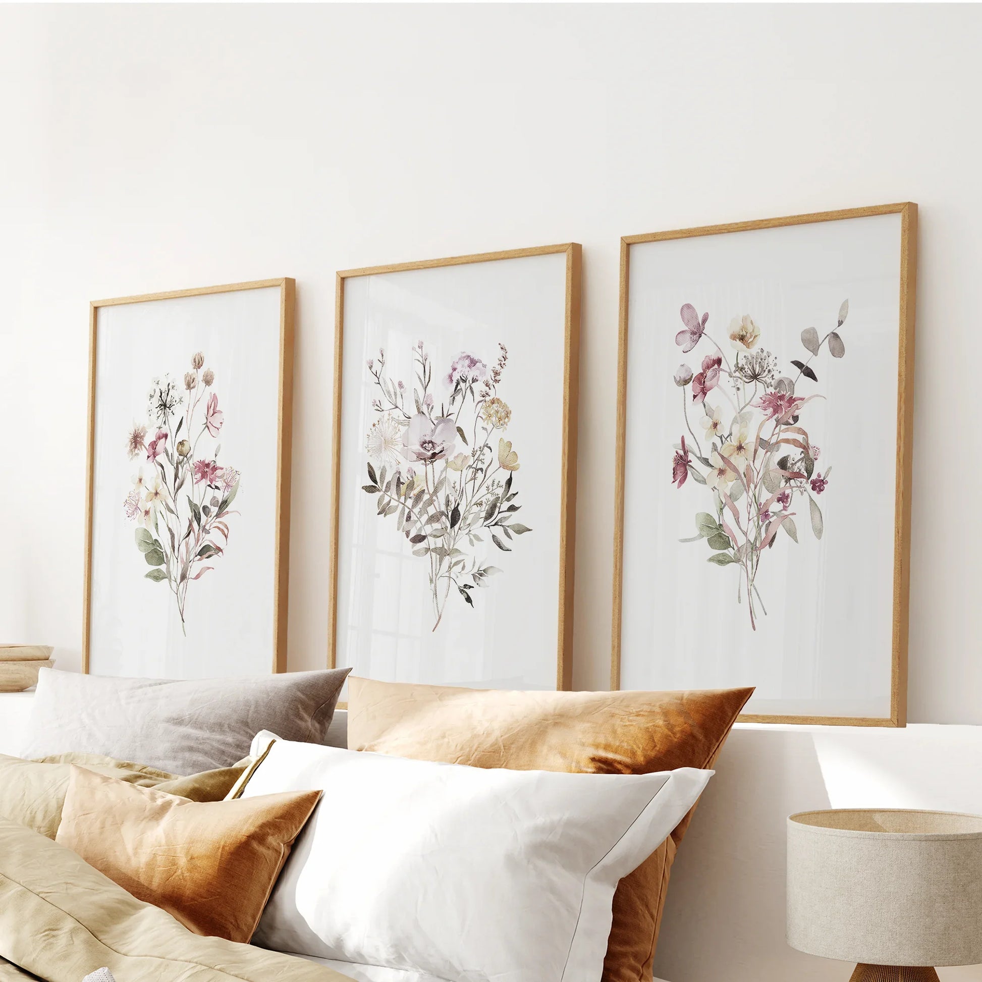 Watercolor wildflower bouquet wall art set of 3 prints