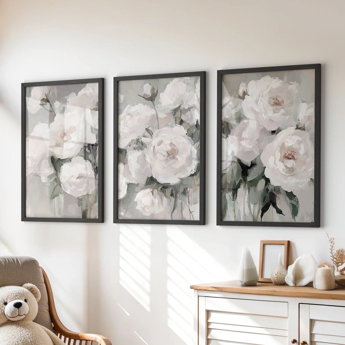 Romantic White Peony Wall Art Set of 3 Floral Prints