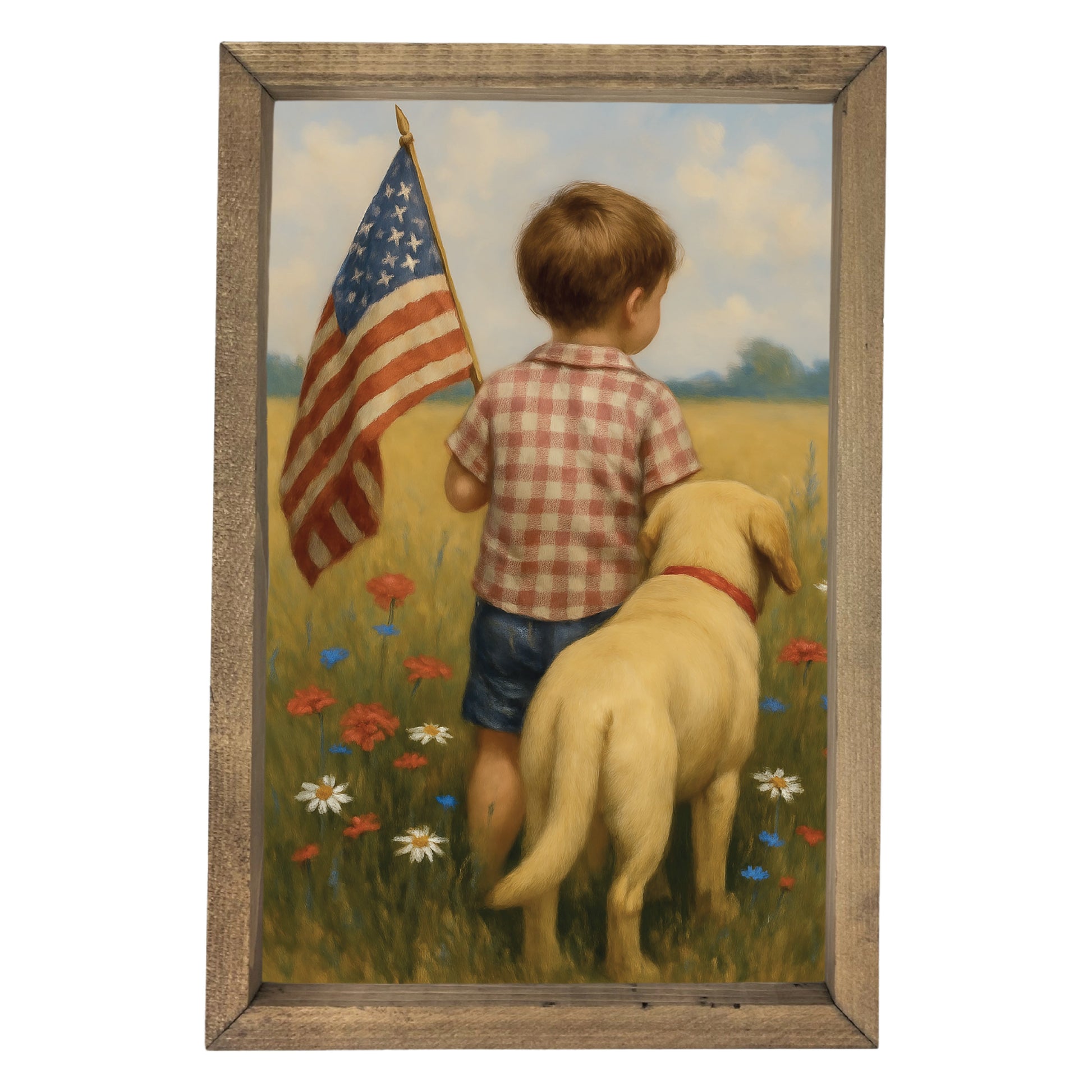 Boy and dog framed wall art in farmhouse Americana style