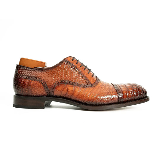 brown alligator skin oxford shoes with cap toe and leather sole
