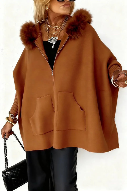 brown faux fur hooded zip cape with loose drape
